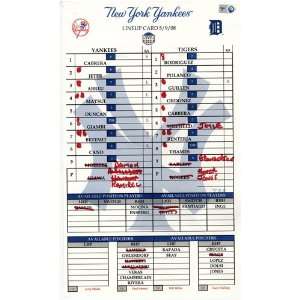 Yankees at Tigers 5 09 2008 Game Used Lineup Card (MLB Auth):  