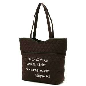 Belvah Quilted Bible Verse Tote Bag (Philippians 4:13)   Brown/Ivory 