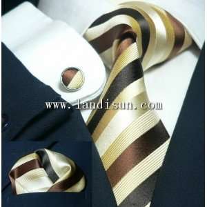  Landisun 84A Ivory Brown Stripes Mens Silk Tie Set: Tie 