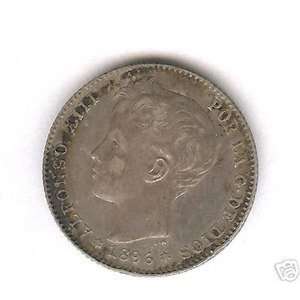  SPAIN 1896 PG V PESETA SILVER COIN 