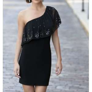  One Shoulder Chiffon Topped Black Fitted Mini Dress M 