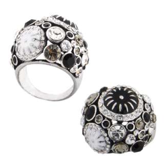 White/Black Enamel & Crystals Dome Ring Size 6 7 8 9 10  