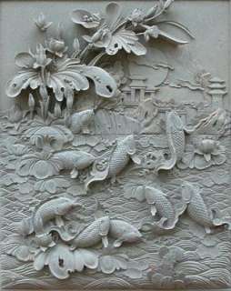 Hand Carved Marble Relief Panel, Coy Fish Asian Design  