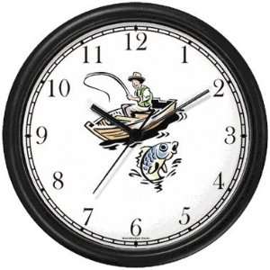 Young Fisherman or Man in Boat With Fish on Line Fishing Wall Clock by 