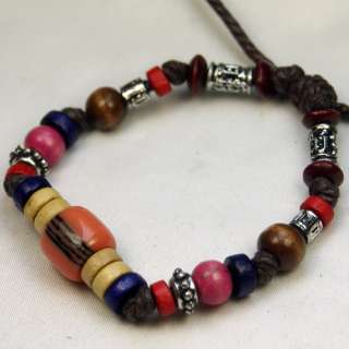 Tribal Tibet Silver Stone wood bead Handcraft hemp Cuff Bracelet Free 