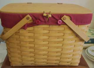 Longaberger 1998 Large Picnic Basket with Liner Riser Striped Cooler 