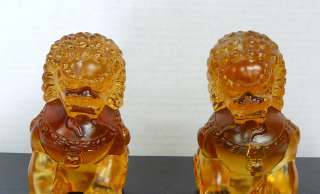Pair Chinese Orange Crystal Glass Liuli Fu Dog Figure fs148  