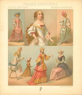 Fashion: 17th C Parisienne Dresses   Antique Racinet Print 1888  
