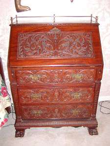   old chippendale Mahogany secretary Desk highly carved, carvings  