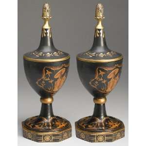  Asian Urn Pair in Black Finish by AA Importing