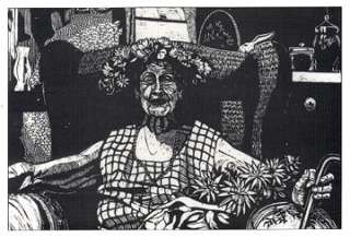   an impressive large woodcut by a contemporary artist, Myrna Yoder