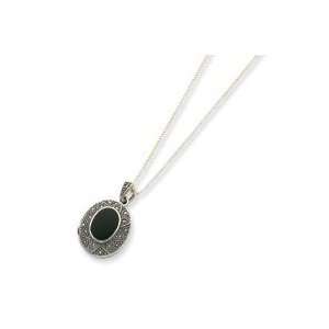  Sterling Silver Marcasite & Onyx Locket on 24 Chain Necklace: Jewelry