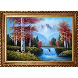 Small Waterfall Scenery in Autumn Oil Painting, with Exquisite Dark 