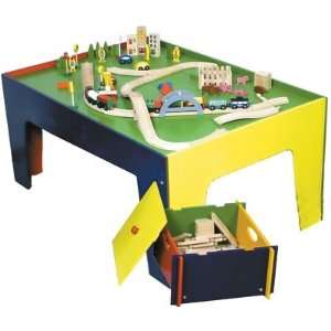  Wooden Train & Multi Colored Table and Toy Box Set, 90 Pc 