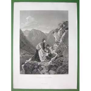 TYROL Women Pray Cross on Rock in Alp Mountains     Original Victorian 