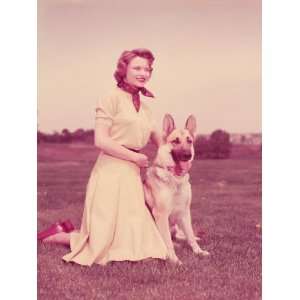  Woman Kneeling Beside German Shepherd Dog Photographic 