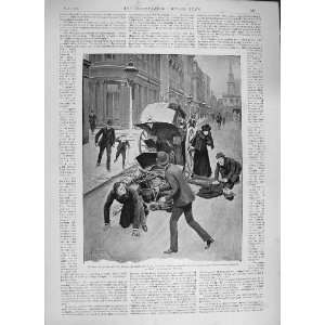  1894 STREET SCENE HORSE COACH TRANSPORT INJURED MAN