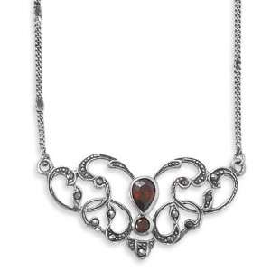  16 Inch Marcasite Necklace with Red Pear Shape CZ Jewelry