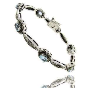   Sterling Silver Marcasite Genuine Blue Topaz Flower Bracelet Jewelry