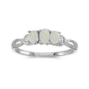  14k White Gold Oval Opal And Diamond Three Stone Ring 