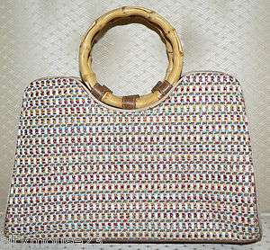 Fossil Beige Multicolor Woven Fabric Bamboo Wood Handle Bag Tote Purse 