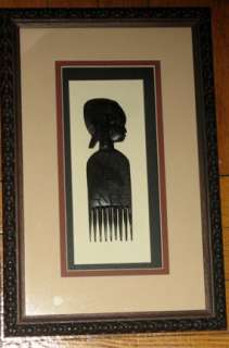 Framed African Art Montage   Hand Carved Comb w/Figure  
