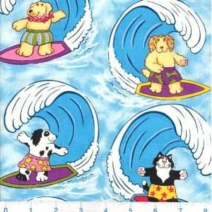   Cats & Dogs Surfing Blue Fabric By The Yard Arts, Crafts & Sewing