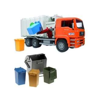 : Bruder Toys Man Side Loading Garbage Truck Orange with Bruder Trash 