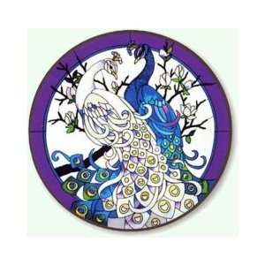 White & Blue Peacocks    Hand Painted Stained Art Glass Table W 