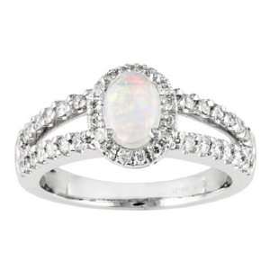  14K White Gold Opal and Diamond Ring: Jewelry