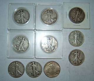 10 Old US silver coins walking liberty half dollars $5.00 face value 