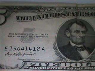 1953 A $5 DOLLAR BILLS (BLUE SEAL) SILVER CERTIFICATE  