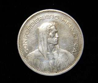 Switzerland 1933 B 5 Francs Coin .835 Silver William Tell  