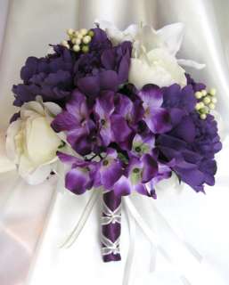 10 pc wedding bouquet Bridal flowers PURPLE/CREAM/ LILY  