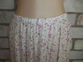 Full Hem White Pink Green Floral BILA Below Knee BoHo Skirt sz L Lg 