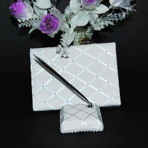   Latticed and Diamante Satin Guest Book with Pen, White