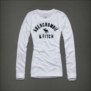 ABERCROMBIE & FITCH White LONG SLEEVE SHIRT Crewneck Text Logo Front 