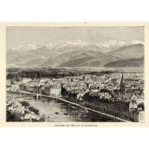  1882 Wood Engraving Grenoble River France Belledonne Alps 
