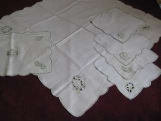 VINTAGE HAND EMBROIDERED TABLE CLOTH, TOPPER & 6 NAPKINS  CUTWORK 