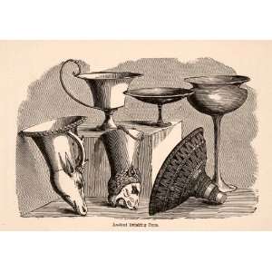 1873 Wood Engraving Ancient Drinking Cups Lion Head Antelope Jerusalem 