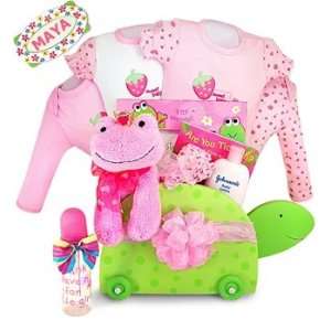   Pink Personalized Baby Girl Turtle Toy Chest Gift 12 Pc Basket: Baby