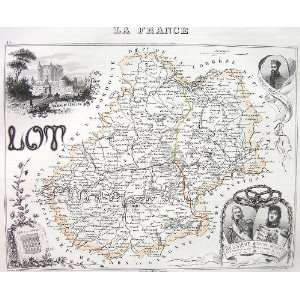  MAP of France Department Lot incl. View of Castle Chateau 