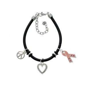   With Stones Large Silver Plated Black Rubber Peace Love Charm Bra