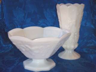   Hocking Milk Glass Fruit Bowl and Vase w/grape and vine design  