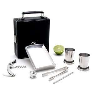 Black Leather 7 Piece Mini Bar on the Go with Flask, Tongs, Two Cups 