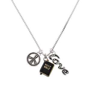  Black Bible with Gold Words, Peace, Love Charm Necklace 