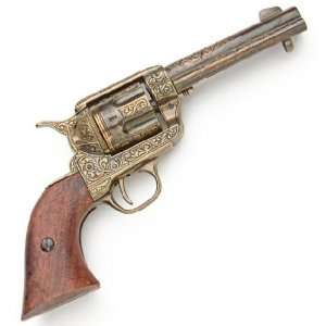 Old West Pistol with Engraved Antiqued Gold Tone Finish   Replica of 