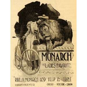 1897 Ad Monarch Cycle Mfg Co. Bicycle Woman & Lion   Original Print Ad