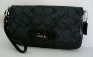 NEW COACH Black Sateen Signature Large Flap Wristlet Clutch Wallet 