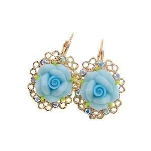   Vintage Pink Poly Clay Flower Earrings (Champagne Gold blue): Jewelry